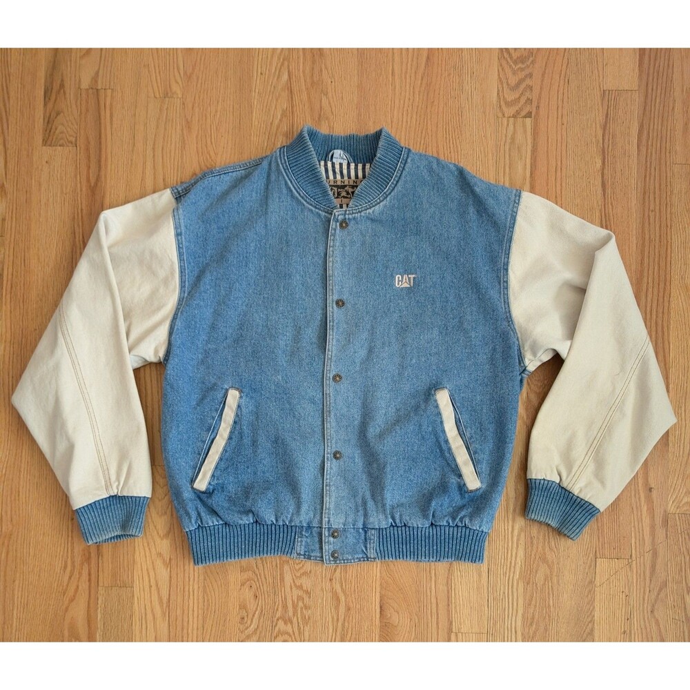 Vintage Caterpillar Denim Jacket Mens Medium Varsity Bomber Workwear Y2K 90s Cat